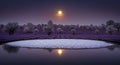 Lavender Fields at Twilight: Reflected Moonlight on Tranquil Water Royalty Free Stock Photo