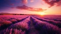 Lavender flower blooming field in endless rows at sunset. Golden hour. AI Generated Royalty Free Stock Photo