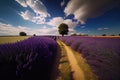 Lavender flower blooming fields in endless rows. Generative AI Art. Beautiful view Royalty Free Stock Photo