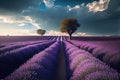 Lavender flower blooming fields in endless rows. Generative AI Art. Beautiful view Royalty Free Stock Photo