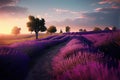 Lavender flower blooming fields in endless rows. Sunset shot. Generative AI Art. Beautiful view Royalty Free Stock Photo