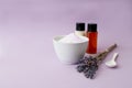 Lavender flower cosmetics, shower gel, body cream, salt scrub. Dry herbs. copy space Royalty Free Stock Photo