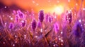 Lavender flower field background. Glade with purple flowers and green grass. Generative AI. Illustration for banner, poster, cover Royalty Free Stock Photo