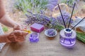 Lavender flower soap, oil and perfume in the field Royalty Free Stock Photo