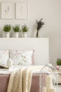 Lavender flowers on bedhead of bed with blanket in bright bedroom interior with candles and posters. Real photo Royalty Free Stock Photo