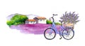 Lavender flowers, bicycle with bouquet in basket, countryside peaceful view with french provencal house, violet lavender