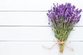 Lavender flowers, bouquet on rustic background, overhead. Royalty Free Stock Photo