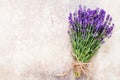 Lavender flowers, bouquet on rustic background, overhead. Royalty Free Stock Photo