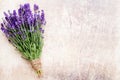 Lavender flowers, bouquet on rustic background, overhead. Royalty Free Stock Photo