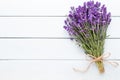 Lavender flowers, bouquet on rustic background, overhead. Royalty Free Stock Photo