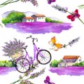 Lavender flowers, butterflies, bicycle, lavender fields, rural provencal farm houses in Provence, France. Watercolor Royalty Free Stock Photo