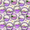 Lavender flowers, butterflies, rural farm - provencal house, violet lavenders field. Seamless pattern on paper texture