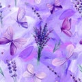 Lavender flowers and butterflies watercolor illustration, seamless pattern, floral for wallpaper, textile, fabric design Royalty Free Stock Photo