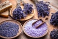 Lavender flowers and coloured bathing salt