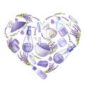 Lavender flowers, essential oil, cosmetics bottles, soap in heart. Hand drawn watercolor illustration isolated on white Royalty Free Stock Photo