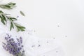 Lavender flowers. Flat lay concept skin care. Light background with lavend. Royalty Free Stock Photo