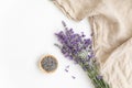 Lavender flowers. Flat lay concept skin care. Light background with lavend. Royalty Free Stock Photo