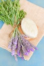 Lavender flowers and green soap bar Royalty Free Stock Photo
