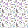 Lavender flowers, hearts, butterflies. Seamless pattern. Watercolor Royalty Free Stock Photo