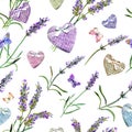 Lavender flowers, hearts, butterflies. Seamless pattern. Watercolor Royalty Free Stock Photo