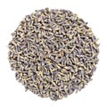 Dried lavender blossoms, herb circle from above, over white Royalty Free Stock Photo