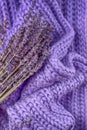 Dry lavender flowers and knitted wool scarf. Top view Royalty Free Stock Photo