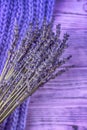 Lavender flowers and knitted wool scarf on the violet background Royalty Free Stock Photo
