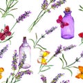 Lavender flowers, oil perfume bottles, butterflies. Repeating pattern for cosmetic, perfume, beauty design. Vintage