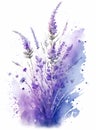 Lavender flowers over vivid watercolor splash background. Generative AI illustration
