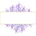 Lavender flowers in a rectangular gold frame. Hand-drawn watercolor illustration. For invitations, greeting cards