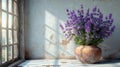 Lavender flowers in rustic pot by window - generative ai Royalty Free Stock Photo