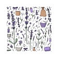 Lavender flowers set composition in doodle style. Royalty Free Stock Photo