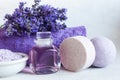 Lavender flowers, lavender soap, aromatic sea salt, lavender shampoo and towels. Concept for spa, beauty and health salon, Royalty Free Stock Photo