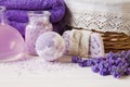 Lavender flowers, soap, aromatic sea salt and towels. Concept for spa, beauty and health salon, cosmetics store. Natural cosmetics Royalty Free Stock Photo