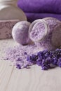 Lavender flowers, soap, aromatic sea salt and towels. Concept for spa, beauty and health salon, cosmetics store. Natural cosmetics Royalty Free Stock Photo