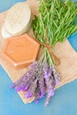 Lavender flowers and soap bars Royalty Free Stock Photo