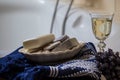 Lavender flowers, towel, bathroom accessories and a glass of white wine - home spa Royalty Free Stock Photo