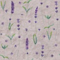 Lavender flowers watercolor seamless pattern on gray purple color old paper grunge background