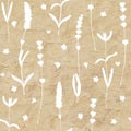 Lavender flowers white silhouettes seamless pattern on yellow brown color old paper grunge background