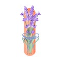 Lavender flowers on wood, French blossomed violet flora. Provence floral plant. Purple lavendar stems. Lavanda blooms.