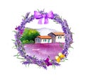 Lavender flowers wreath, farm with rustic house, violet floral field in Provence, France. Watercolor with butterflies