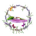 Lavender flowers wreath, farm with rustic house, violet floral field in Provence, France. Watercolor with butterflies