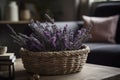 Lavender With Fragrant, Purple Flowers In A Rustic And Natural Woven Basket In A Countryside. Generative AI