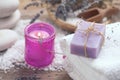 Lavender handmade soap bars, candel on wooden background Royalty Free Stock Photo