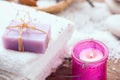 Lavender handmade soap bars, candel on wooden background Royalty Free Stock Photo