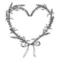 Lavender Heart shape Wreathe with ribbon. Hand drawn vector illustration of Floral Frame with wild Province Flowers on