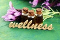 Lavender herbal oil and lavender flowers. bottle of lavender massage oil for aromatherapy treatment and wellness letters made of