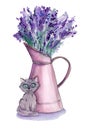 Lavender kitten sitting in front of the watering pot with lavender