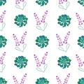 Lavender Lantana Hearts-Flowers in Bloom seamless repeat pattern background in green purple and white Royalty Free Stock Photo