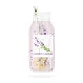 Lavender Lemonade bottle with drinking straw and label. Summer drinks for freshness party. Healthy Fresh energetic drink